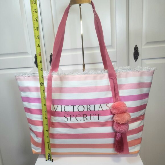 Victoria Secret Large Pink Orange Canvas Striped Beach Tote Bag - Picture 13 of 14